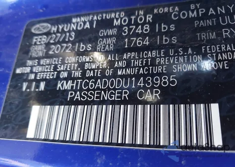 2013 Hyundai Veloster Base W/Black z USA, uszkodzony, nr VIN KMHTC6AD0DU143985